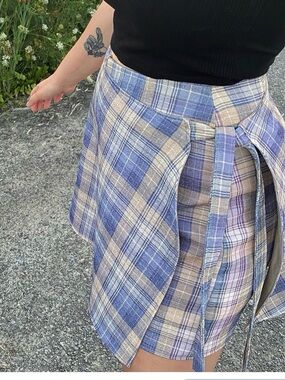 Purple/blue beige Plaid Wrap Skort - skirt + shorts